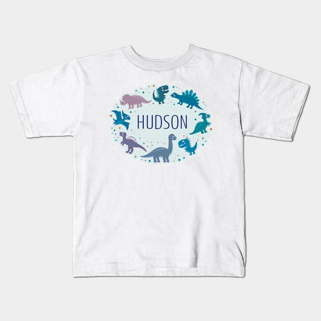 Hudson name surrounded by dinosaurs Kids T-Shirt by WildMeART